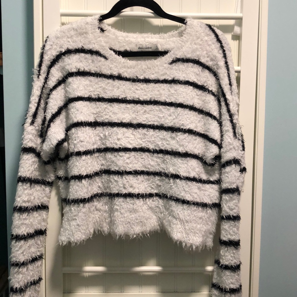 Black and White Striped Fuzzy Cropped Sweater
